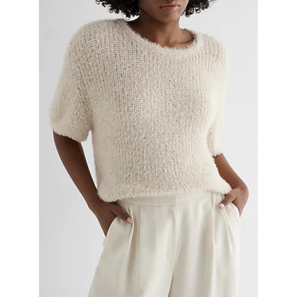 Express‎ Size M Tan  Faux Fur Sequin Crew Neck Short Puff Sleeve Sweater Boxi